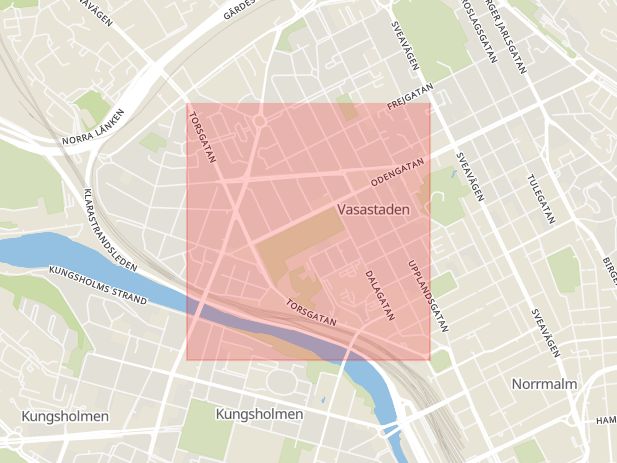 Karta som med röd fyrkant ramar in Vasastaden, Torsgatan, Stockholm, Stockholms län