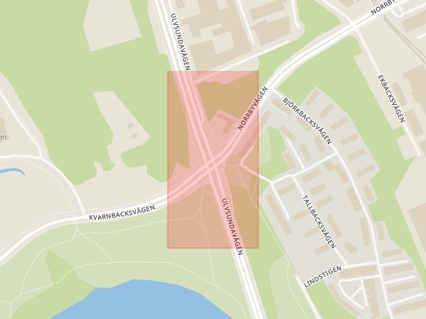 Karta som med röd fyrkant ramar in Kvarnbacksvägen, Ulvsundavägen, Stockholm, Stockholms län