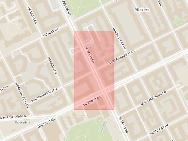 Karta som med röd fyrkant ramar in Surbrunnsgatan, Sveavägen, Stockholm, Stockholms län
