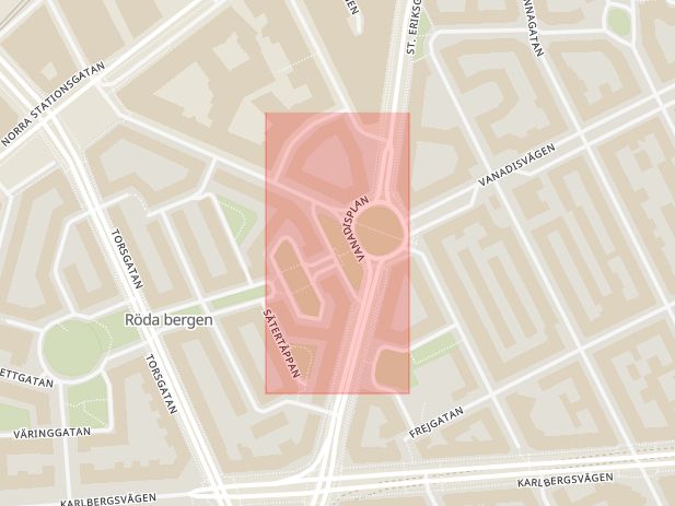 Karta som med röd fyrkant ramar in Vanadisplan, Stockholm, Stockholms län