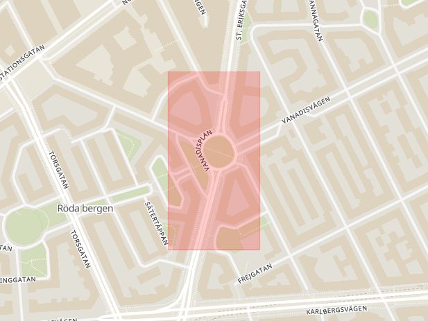 Karta som med röd fyrkant ramar in Vanadisplan, Stockholm, Stockholms län