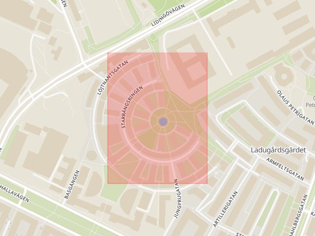Karta som med röd fyrkant ramar in Östermalm, Starrängsringen, Stockholm, Stockholms län