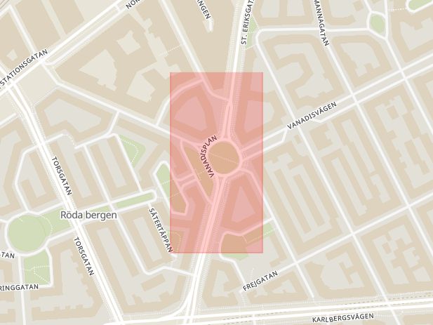 Karta som med röd fyrkant ramar in Vasastaden, Vanadisvägen, Vanadisplan, Odenplan, Stockholm, Stockholms län
