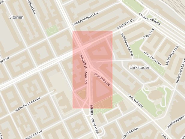Karta som med röd fyrkant ramar in Östermalm, Karlavägen, Birger Jarlsgatan, Stureplan, Stockholm, Stockholms län