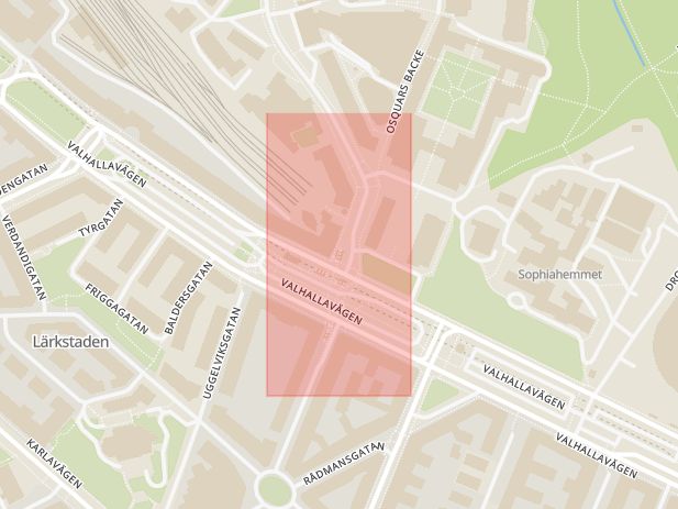 Karta som med röd fyrkant ramar in Tekniska Högskolan, Stockholm, Stockholms län