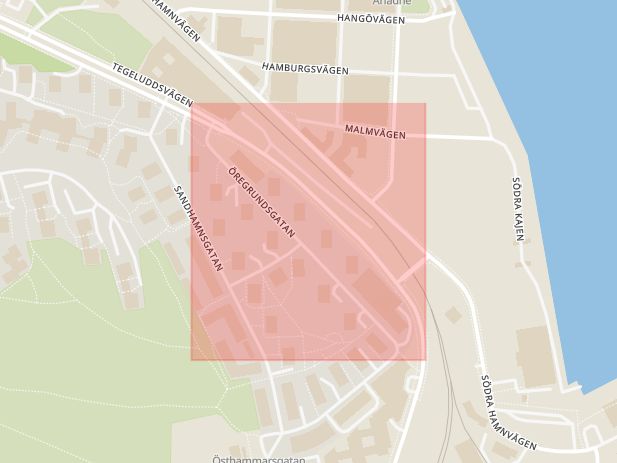 Karta som med röd fyrkant ramar in Gärdet, Öregrundsgatan, Stockholm, Stockholms län