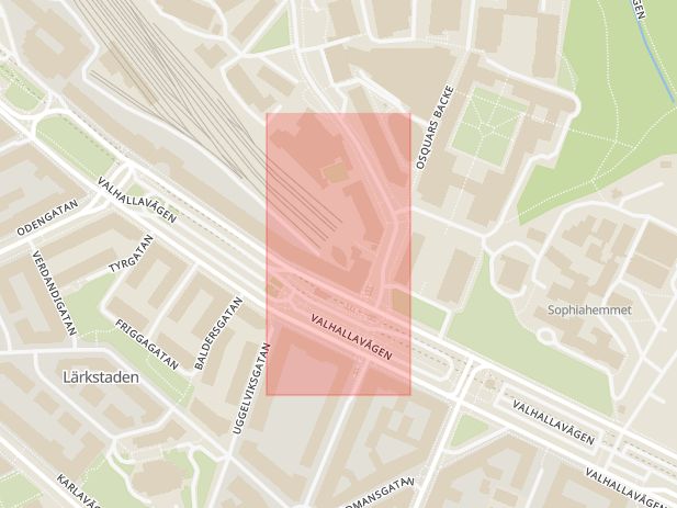 Karta som med röd fyrkant ramar in Roslagsbanan, Frescati, Mörby, Östra Station, Stockholm, Stockholms län