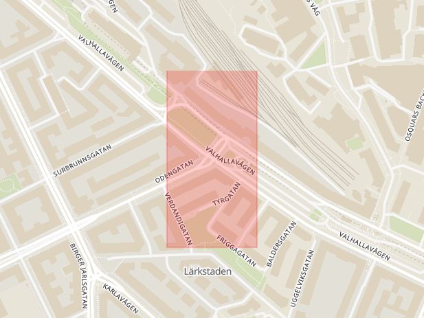 Karta som med röd fyrkant ramar in Odengatan, Valhallavägen, Stockholm, Stockholms län