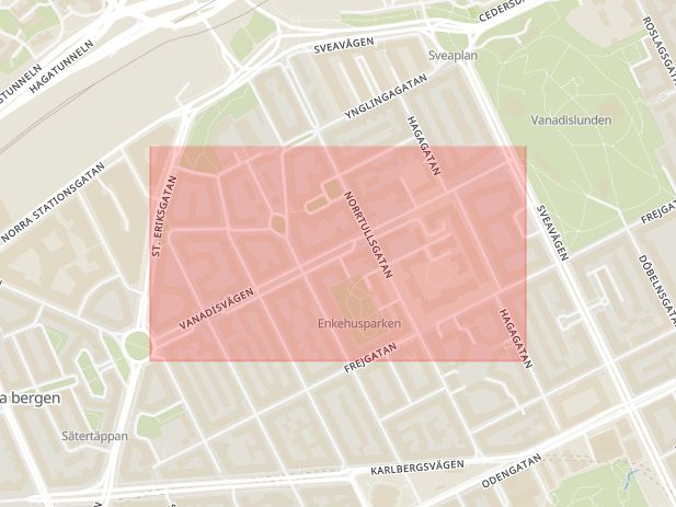 Karta som med röd fyrkant ramar in Vanadisvägen, Stockholm, Stockholms län
