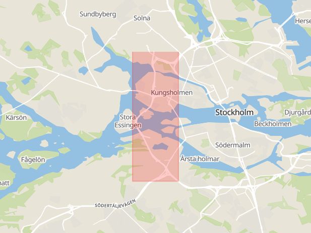 Karta som med röd fyrkant ramar in Essingeleden, Stockholm, Stockholms län