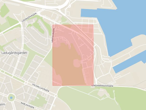 Karta som med röd fyrkant ramar in Gärdet, Sandhamnsgatan, Stockholm, Stockholms län