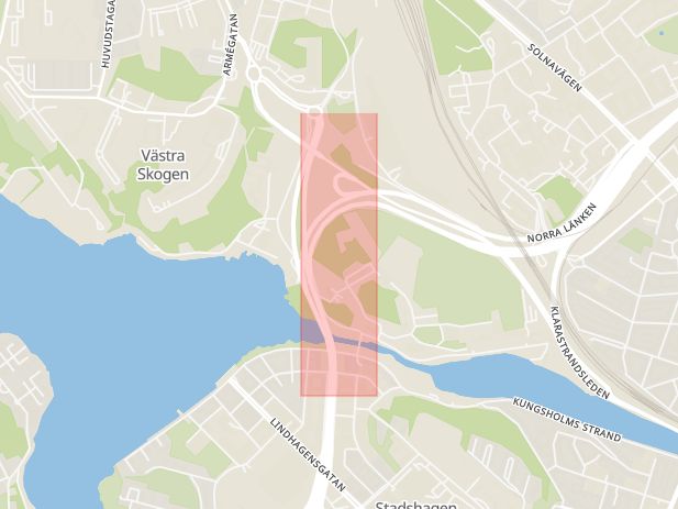 Karta som med röd fyrkant ramar in Essingeleden, Eugeniatunneln, Solna, Stockholms län