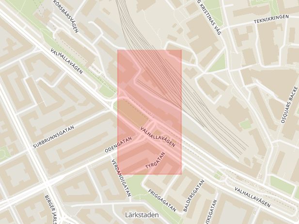 Karta som med röd fyrkant ramar in Östermalm, Valhallavägen, Tekniska Högskolan, Stockholm, Stockholms län