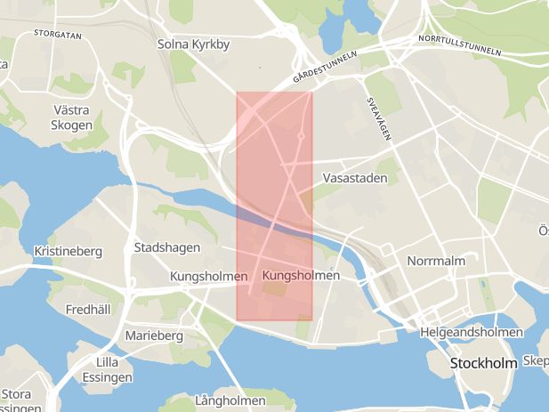 Karta som med röd fyrkant ramar in Kungsholmen, Hantverkargatan, Sankt Eriksgatan, Stockholm, Stockholms län