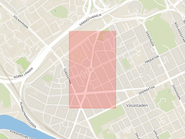 Karta som med röd fyrkant ramar in Hälsingegatan, Vasastaden, Stockholm, Stockholms län