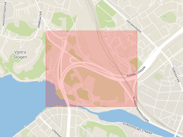 Karta som med röd fyrkant ramar in Huvudsta, Pampaslänken, Solna, Stockholms län