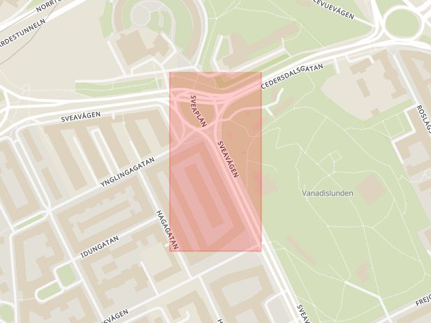 Karta som med röd fyrkant ramar in Vasastaden, Cedersdalsgatan, Sveaplan, Stockholm, Stockholms län