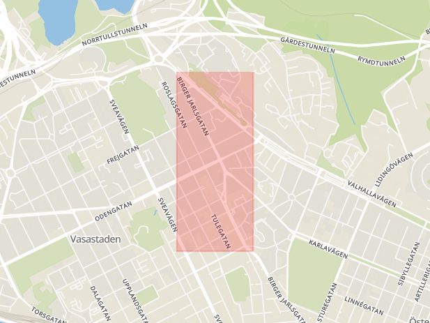 Karta som med röd fyrkant ramar in Vasastaden, Birger Jarlsgatan, Stockholm, Stockholms län