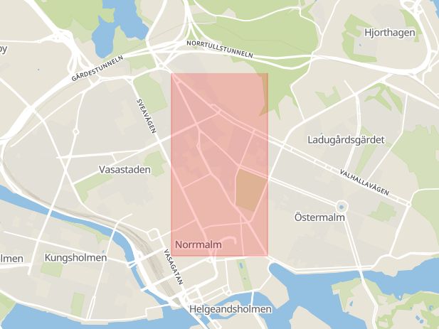 Karta som med röd fyrkant ramar in Birger Jarlsgatan, Norrmalm, Stockholm, Stockholms län