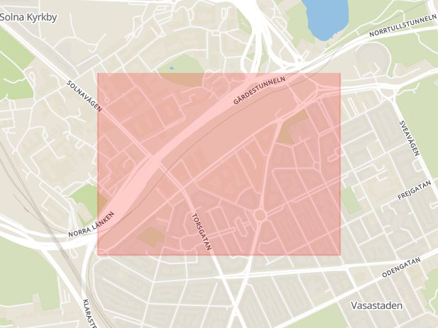 Karta som med röd fyrkant ramar in Vasastaden, Norra Stationsgatan, Stockholm, Stockholms län