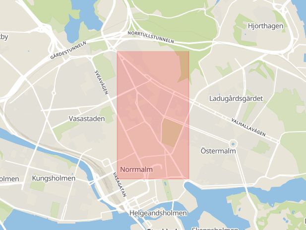 Karta som med röd fyrkant ramar in Birger Jarlsgatan, Stockholm, Stockholms län