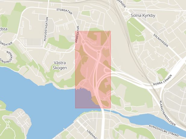 Karta som med röd fyrkant ramar in Ekelundsvägen, Huvudsta, Solna, Stockholms län