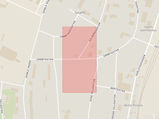 Karta som med röd fyrkant ramar in Orrby, Solbergsgatan, Grums, Värmlands län