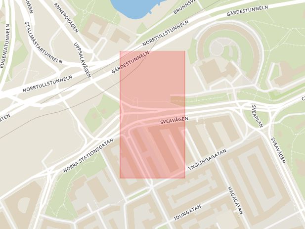 Karta som med röd fyrkant ramar in Norrtull, Stockholm, Stockholms län