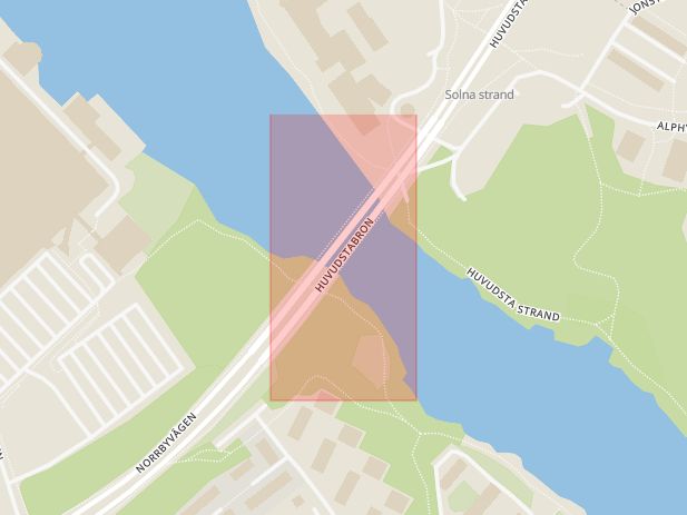 Karta som med röd fyrkant ramar in Huvudstabron, Solna, Stockholms län