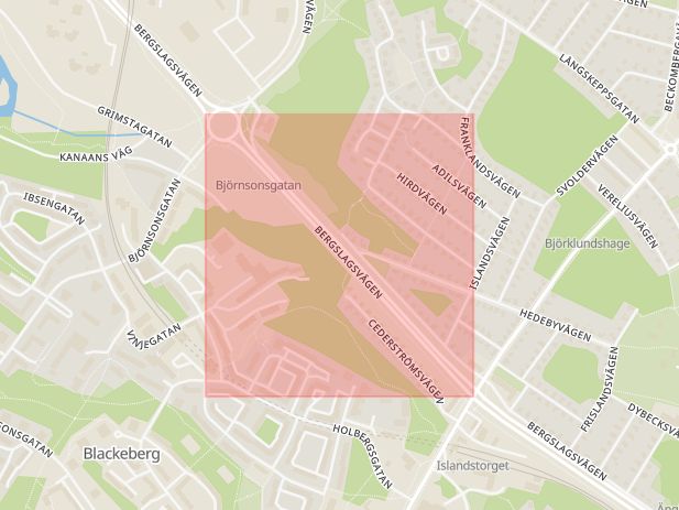 Karta som med röd fyrkant ramar in Blackeberg, Bergslagsvägen, Stockholm, Stockholms län
