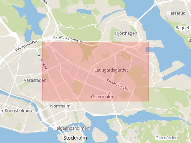 Karta som med röd fyrkant ramar in Valhallavägen, Stockholm, Stockholms län