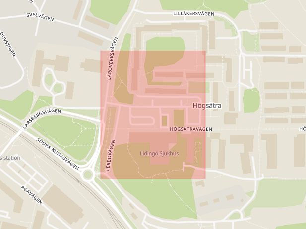 Karta som med röd fyrkant ramar in Högsätravägen, Lidingö, Stockholms län