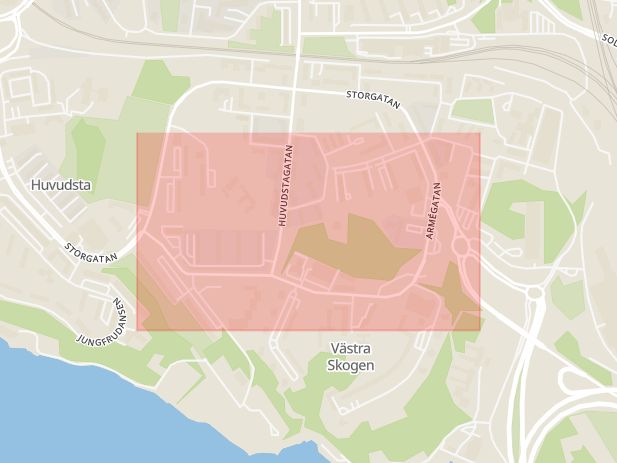 Karta som med röd fyrkant ramar in Armégatan, Huvudsta, Solna, Stockholms län