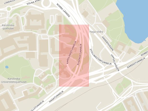 Karta som med röd fyrkant ramar in Eugeniatunneln, Aspudden, Solna, Stockholms län