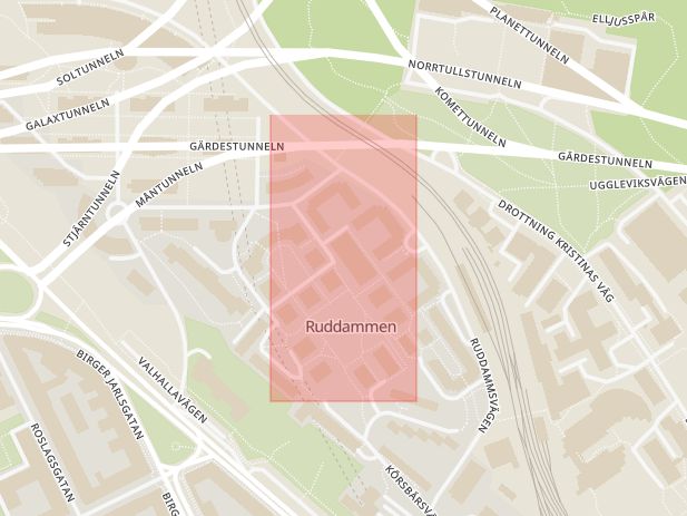 Karta som med röd fyrkant ramar in Ruddammen, Östermalm, Stockholm, Stockholms län