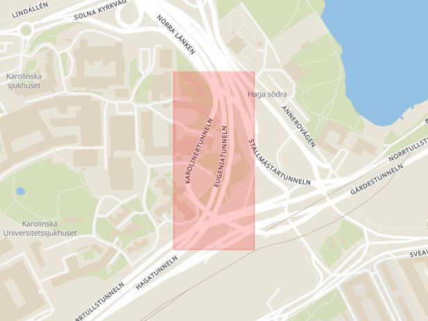 Karta som med röd fyrkant ramar in Eugeniatunneln, Stockholm, Stockholms län