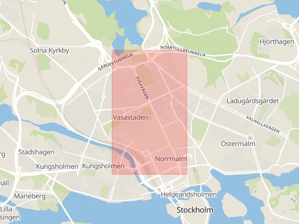 Karta som visar ungefär var händelsen Trafikkontroll: En trafikkontroll genomfördes på Sveavägen i centrala Stockholm under förmiddagen. Ett stort antal förare fick blåsa och ingen var onykter. inträffat