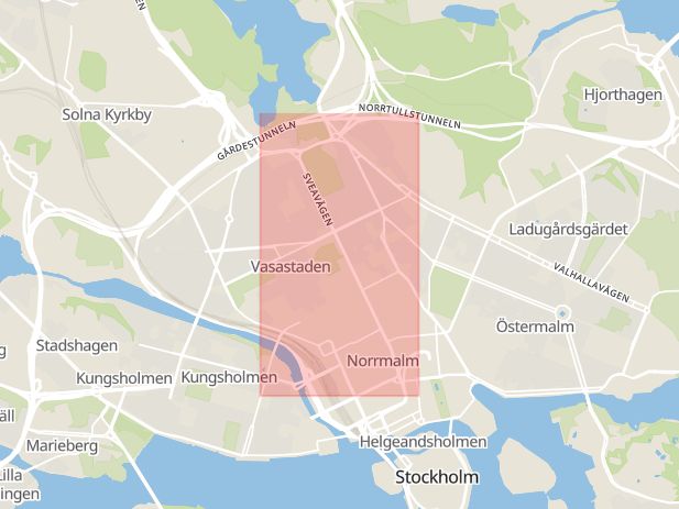 Karta som med röd fyrkant ramar in Klaratunneln, Sveavägen, Stockholm, Stockholms län