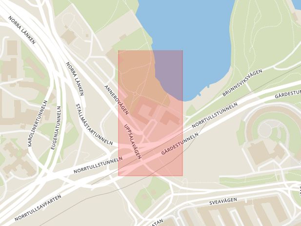 Karta som med röd fyrkant ramar in Stallmästaregården, Solna, Stockholms län