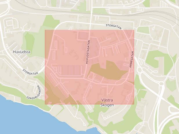 Karta som med röd fyrkant ramar in Huvudsta, Armégatan, Solna, Stockholms län