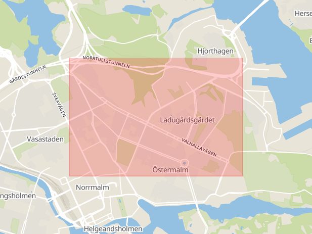 Karta som med röd fyrkant ramar in Valhallavägen, Stockholm, Stockholms län