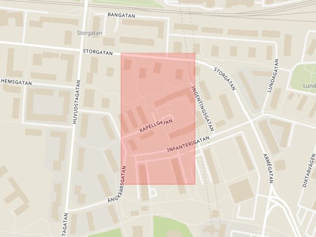 Karta som med röd fyrkant ramar in Huvudsta, Kapellgatan, Solna, Stockholms län