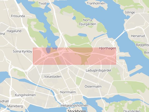 Karta som med röd fyrkant ramar in Norra Länken, Stockholm, Stockholms län