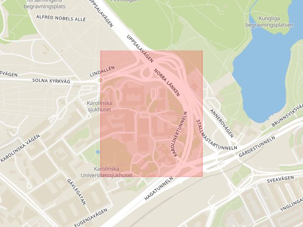 Karta som med röd fyrkant ramar in Eugeniatunneln, Solna, Stockholms län