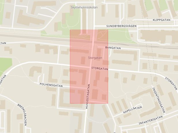 Karta som med röd fyrkant ramar in Huvudstagatan, Storgatan, Sundbyberg, Stockholms län