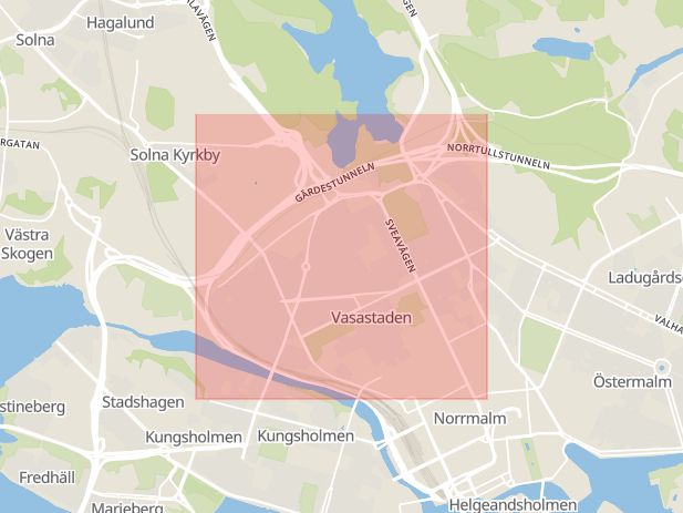 Karta som med röd fyrkant ramar in Vasastaden, Stockholm, Stockholms län