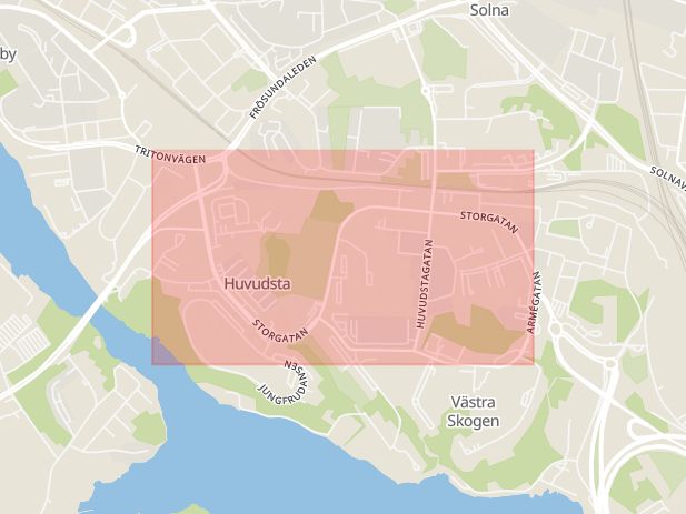 Karta som med röd fyrkant ramar in Huvudsta, Storgatan, Solna, Stockholms län
