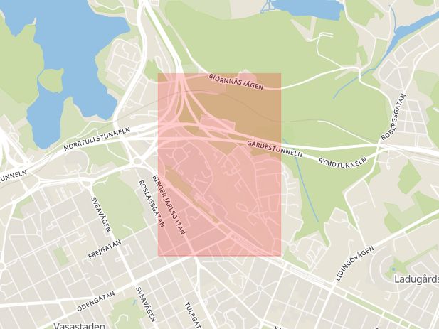 Karta som med röd fyrkant ramar in Östermalm, Drottning Kristinas Väg, Stockholm, Stockholms län
