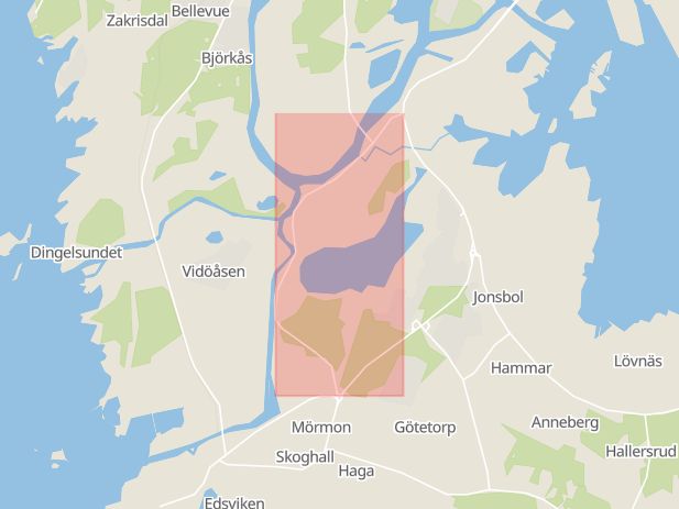 Karta som med röd fyrkant ramar in Karlstadsvägen, Hammarö, Värmlands län