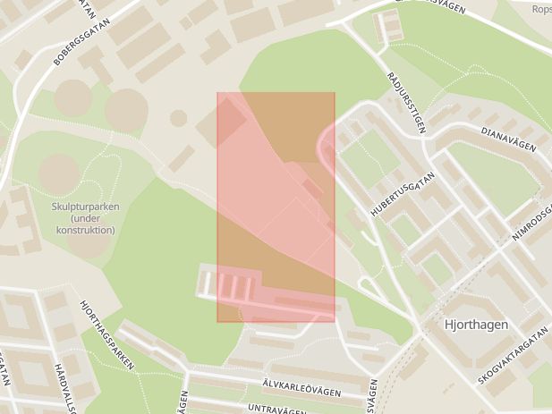 Karta som med röd fyrkant ramar in Hjorthagen, Östermalms Ip, Stockholm, Stockholms län